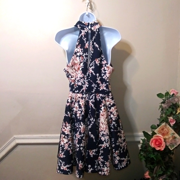 B. Darlin Navy & Mauve Rose Floral Halter Style Skater Dress - Picture 5 of 11